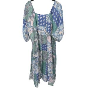 Love Olive Co Midi Dress 1XL Blue Green Patchwork Paisley Smocked Puff Sleeve